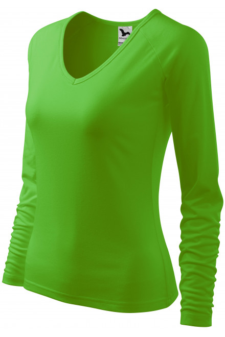 Lacné dámske tričko zúžené, V-výstrih, jablkovo zelená, lacné jednofarebné tričká