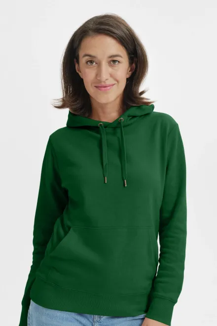 Lacná dámska mikina bez zipsu s kapucňou, fľaškovozelená
