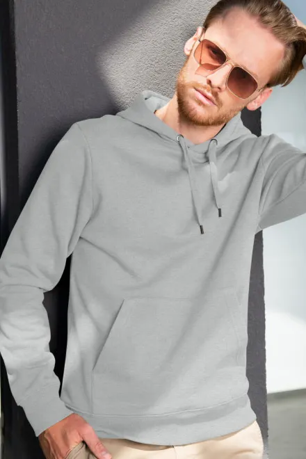 Lacná pánska mikina bez zipsu s kapucňou, svetlosivý melír