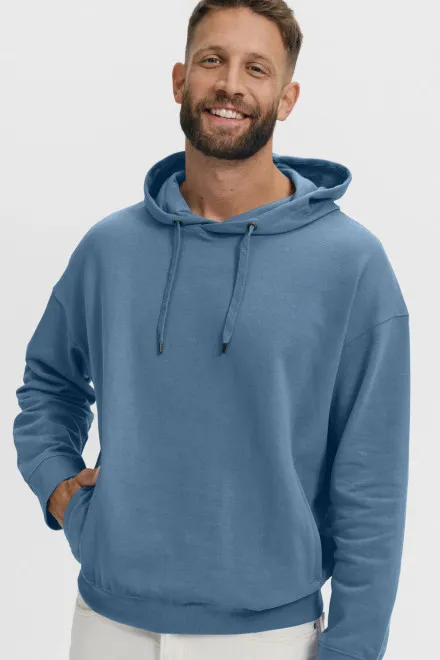 Lacná pohodlná pánska mikina s kapucňou, denim