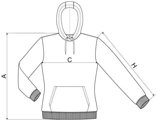 Lacná dámska mikina bez zipsu s kapucňou - tabuľka veľkostí